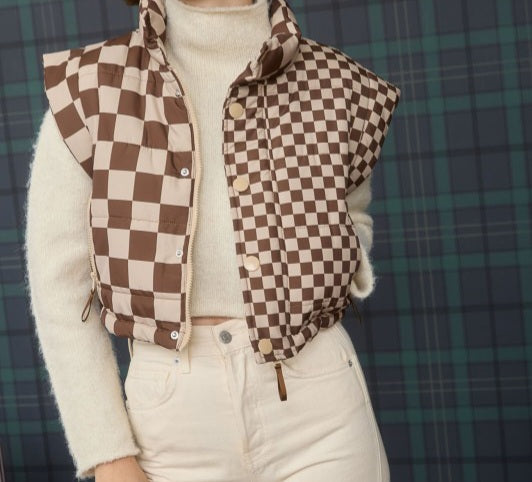 Checkered Cropped Zip-Up Puffer Vest