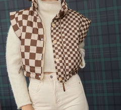 Checkered Cropped Zip-Up Puffer Vest