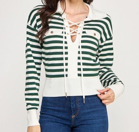Striped Lace Up Long Sleeve Sweater Top