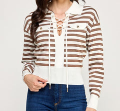 Striped Lace Up Long Sleeve Sweater Top
