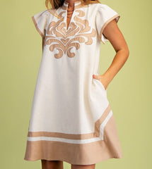 Linen V-Neck Dress With Embroidered Design