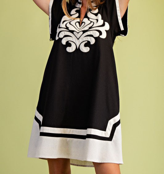 Linen V-Neck Dress With Embroidered Design