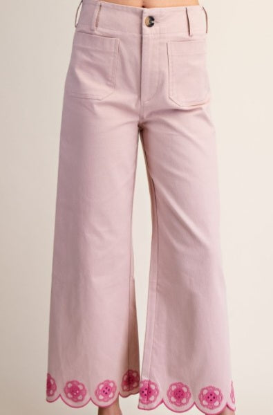 Embroidered Scallop-Hem Wide Leg Pants