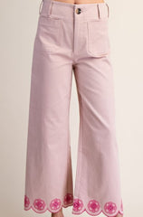 Embroidered Scallop-Hem Wide Leg Pants