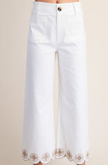 Embroidered Scallop-Hem Wide Leg Pants