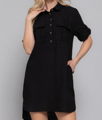 Linen Dress With Roll Up Short Sleeve