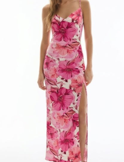 Cowl Neck Tropical Slit Dress