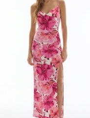 Cowl Neck Tropical Slit Dress