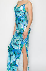 Cowl Neck Tropical Slit Dress