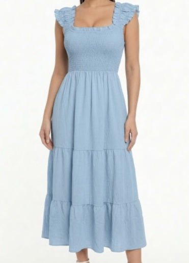 Smocking Tiered Ruffle Sleeve Dress