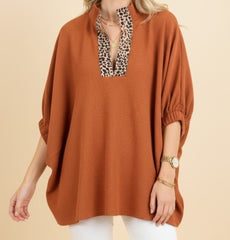 Textured Oversized Short Sleeve Animal Print Top