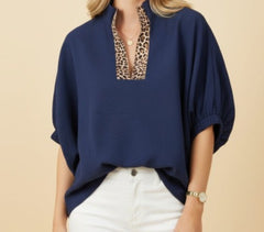 Textured Oversized Short Sleeve Animal Print Top