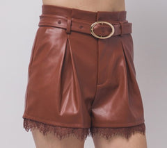 Leather Pleated Shorts With A Lace Hem