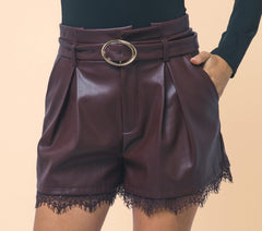 Leather Pleated Shorts With A Lace Hem