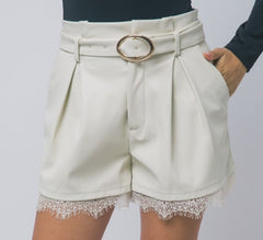 Leather Pleated Shorts With A Lace Hem