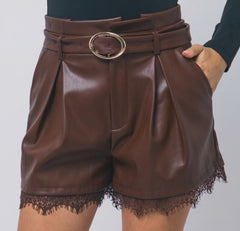 Leather Pleated Shorts With A Lace Hem