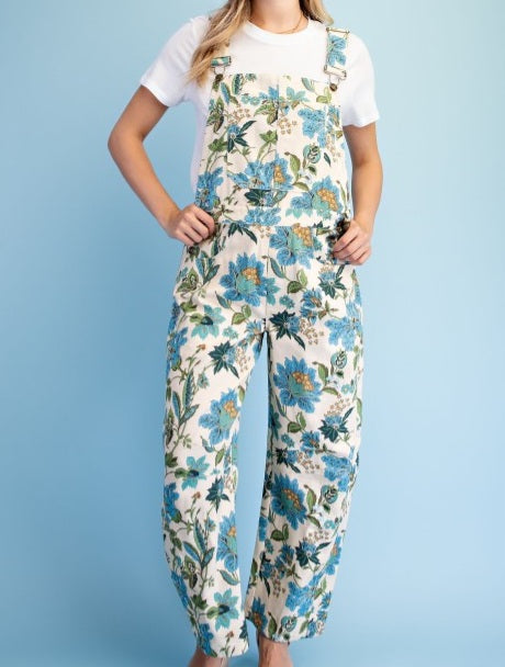 Floral Print Barrel Leg Overalls