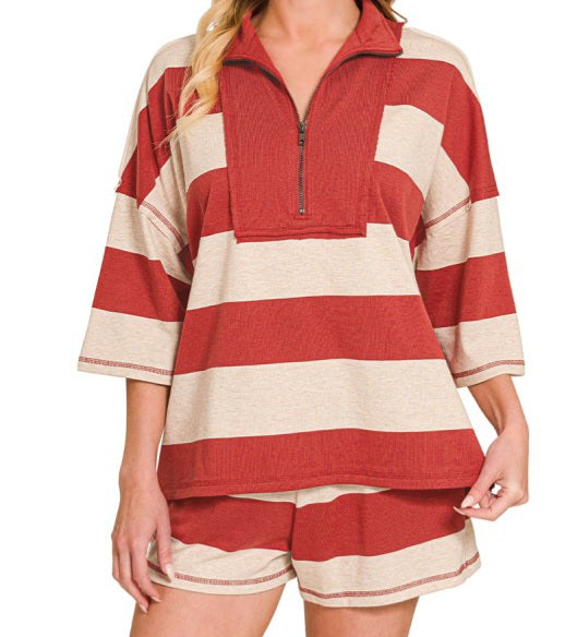 Striped Half Zip Top/Shorts Set