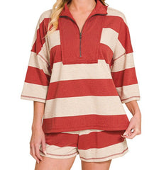 Striped Half Zip Top/Shorts Set