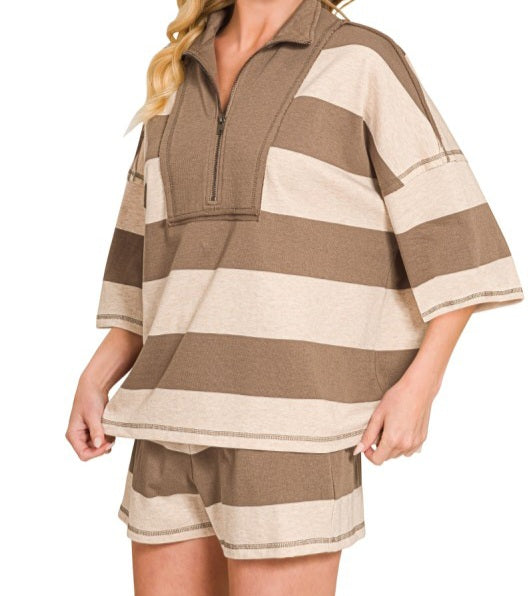 Striped Half Zip Top/Shorts Set