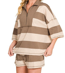 Striped Half Zip Top/Shorts Set