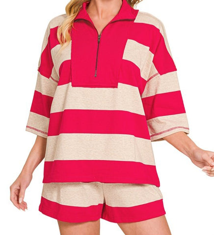 Striped Half Zip Top/Shorts Set