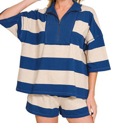 Striped Half Zip Top/Shorts Set