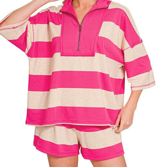 Striped Half Zip Top/Shorts Set