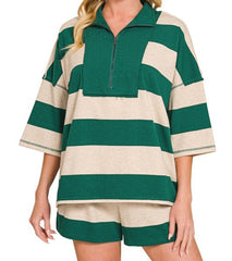Striped Half Zip Top/Shorts Set