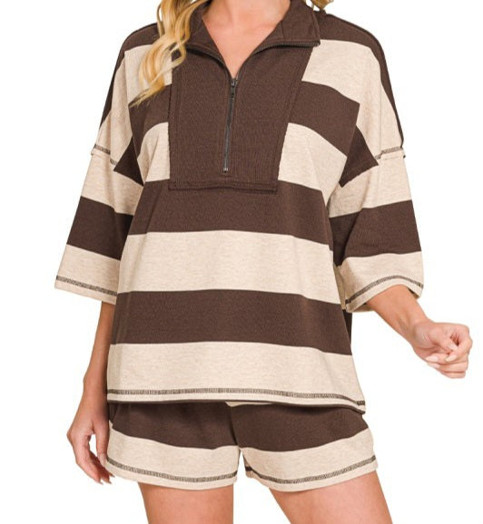 Striped Half Zip Top/Shorts Set