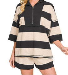 Striped Half Zip Top/Shorts Set