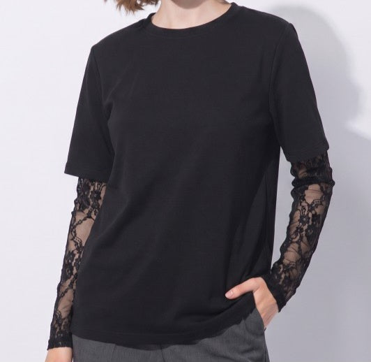 Solid Tee With Lace Sleeves