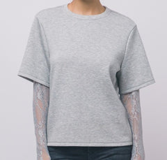 Solid Tee With Lace Sleeves