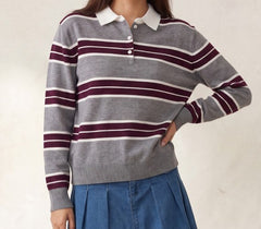 Contrasting Collar Stripe Sweater