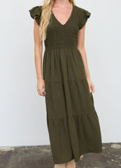 Flutter Sleeve V-Neck Smocked Midi Dress
