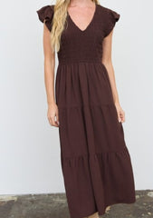 Flutter Sleeve V-Neck Smocked Midi Dress