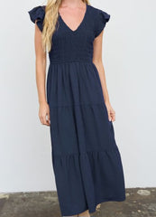 Flutter Sleeve V-Neck Smocked Midi Dress