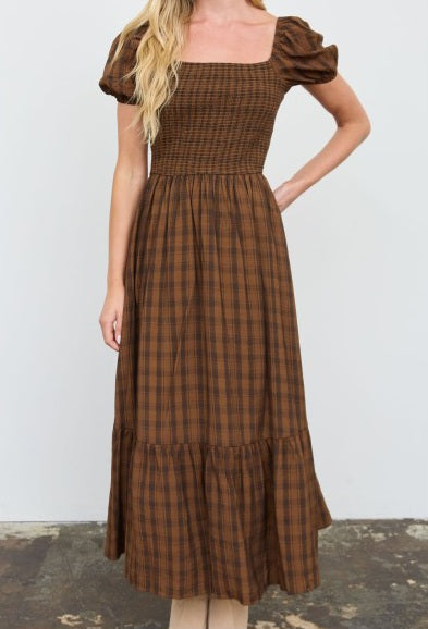 Plaid Smocked Puff Sleeve Tiered Midi Dress