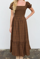 Plaid Smocked Puff Sleeve Tiered Midi Dress