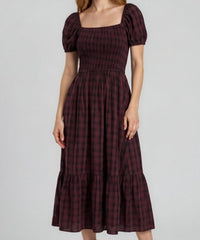 Plaid Smocked Puff Sleeve Tiered Midi Dress