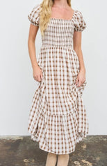 Plaid Smocked Puff Sleeve Tiered Midi Dress
