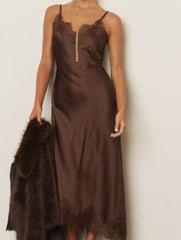 V-Neck Lace Trim Spaghetti Strap Satin Midi Dress