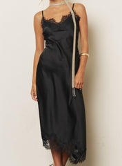 V-Neck Lace Trim Spaghetti Strap Satin Midi Dress