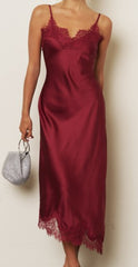 V-Neck Lace Trim Spaghetti Strap Satin Midi Dress
