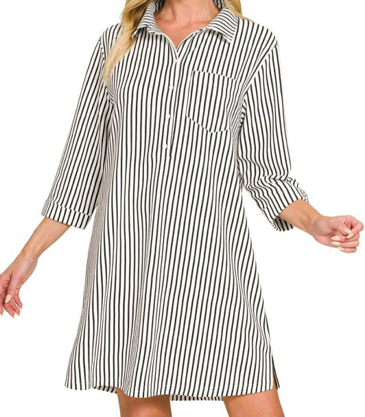 Collared Half Button Striped Dress