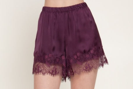 Waistband Lace Trim Satin Shorts