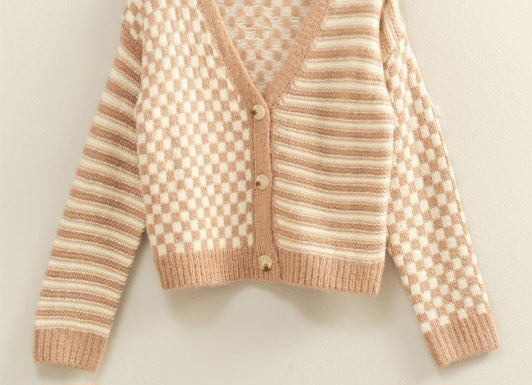 Checker/Stripe Contrast Knit Sweater