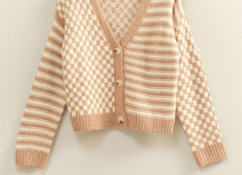 Checker/Stripe Contrast Knit Sweater