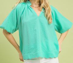 Bubbled Sleeved Seersucker Top