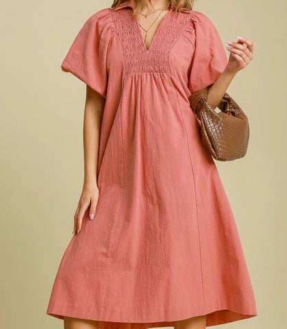 Smocked Front Yoke Midi Dress